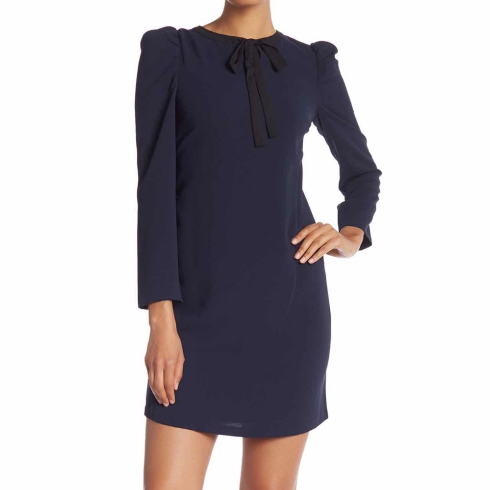 NWT Cece Navy Puff Sleeve Tie Neck Dress